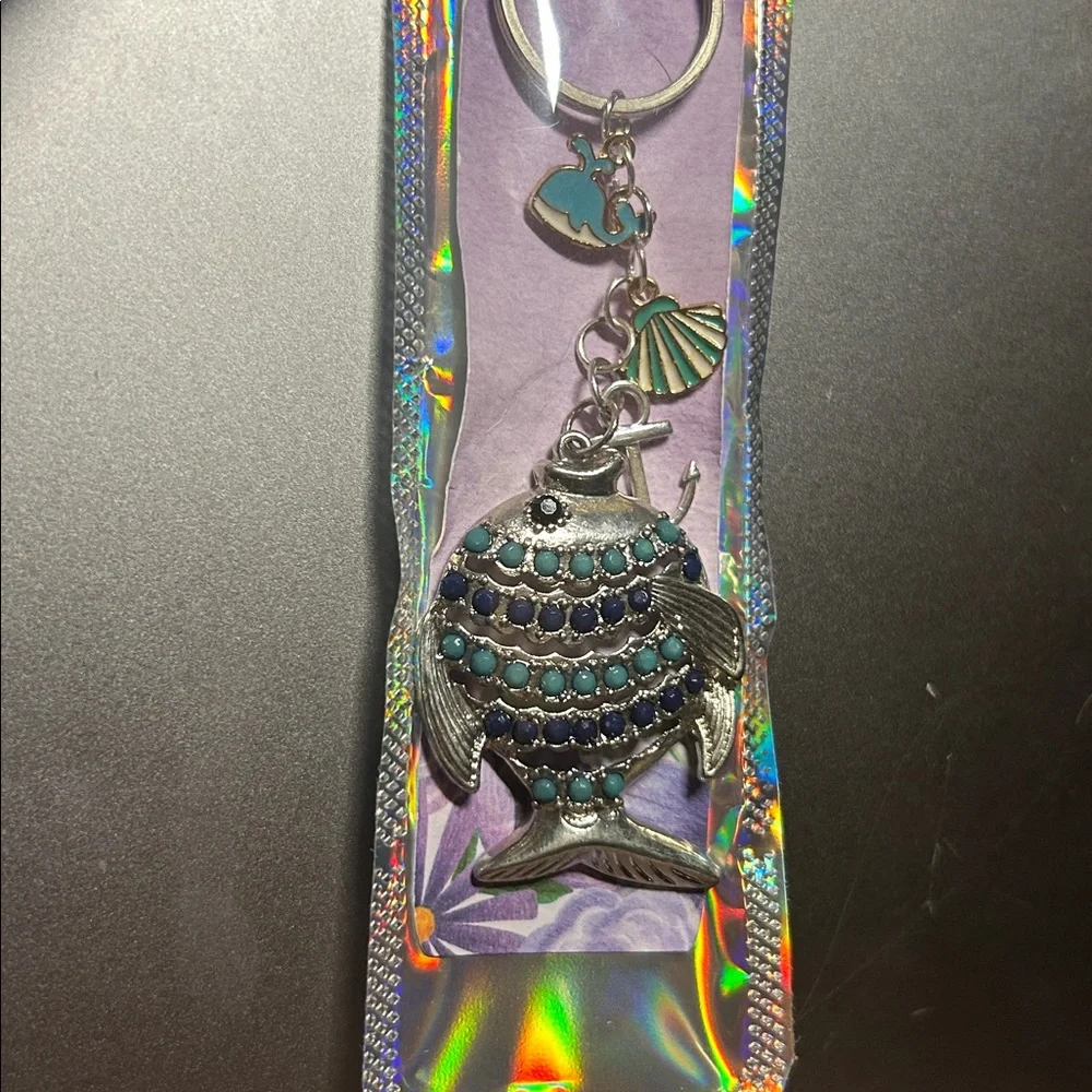 Silver keychain with Fish theme‎ charms